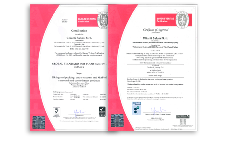 Chianti Salumi certifications